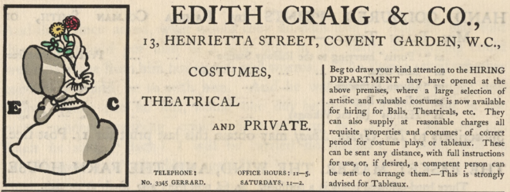 Advertisement in The Green Sheaf for Edith Craig's Costumier Shop