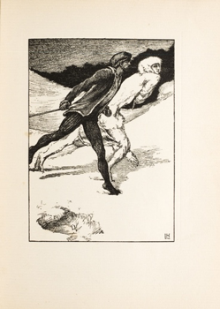 White Fell in the process of transforming from woman to wolf in “The Race” (1896). Wood engraving by Clemence Housman after Laurence Housman’s design.