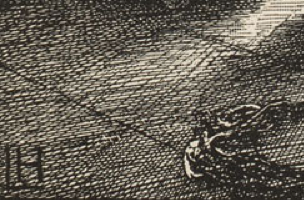 Detail of lower left corner showing the shading effects made by the wood engraver's differently spaced diagonal cuts and gouges.