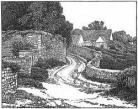 Wood-engraved scene of walled winding road with rooftops in distance