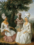 Drawing of two wealthy women and their servant