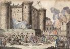 An illustration of the Storming of the Bastille, citizens rally on the outside while smoke and fire burns the inside.