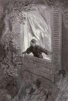 One of a series of steel-plate engravings made in tribute for 'The Raven' by artist Gustave Dore, released in 1884. Dore used heavy shadows to capture the gloomy/depressed mood of the piece, as well as a lot of religious imagery (particularly angels) throughout the series to represent death and the souls of the dead. Dore also did illustrations for authors like Lord Byron, Milton, Tennyson, and Dante. Scene pictured is the narrator of the Raven flinging open his window to try and see what was knocking, acci