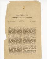 Folio 1 is a loose leaf of the July 1889 printing of the first page of Blackwood's Edinburgh Magazine.  There are no markings on this page except for a number "1" in square brackets in the upper right corner which does not seem to be in Wilde's handwriting. This page is not affixed into notebook in the same manner as other pages from Blackwood's in the manuscript. There is a brown stain on the top center of the page that may resemble the color of the stain on the cutout in folio 15.