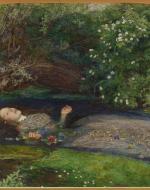 A painting depicting Shakespeare's 'Ophelia' who lay in a lake after dying, surrounded by green vegetation