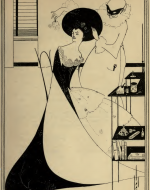 Illustration of Salome by Aubrey Beardsley. Salome is pictured in Victorian dress being groomed by a Pierrot-Harlequin figure in a mask.