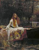 The painting depicts Tennyson's 'The Lady of Shalott' sitting upright in a boat with a solemn expression. She is surrounded by red and brown vegetation