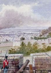 A photo of British soldiers firing canons down onto Canton from the hills above the city.