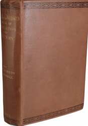 View of brown book cover with black stamped edges and gilt lettering on spine