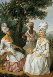 Drawing of two wealthy women and their servant