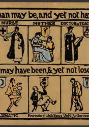 A photo of a banner which was created at the Suffrage Atelier. It reads: "What a woman may be, and yet not have the Vote," with depictions below of a woman as a mayor, a nurse, a mother, a doctor, a teacher, and a factoryhand, followed by its second line of text: "What a man may have been, & yet not lose the Vote, with a man depicted as a convict, a lunatic, a proprietor of white slaves, unfit for service, and a drunkard.