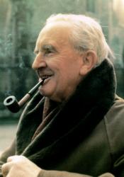 A photo of J.R.R. Tolkien, seen smoking a pipe 