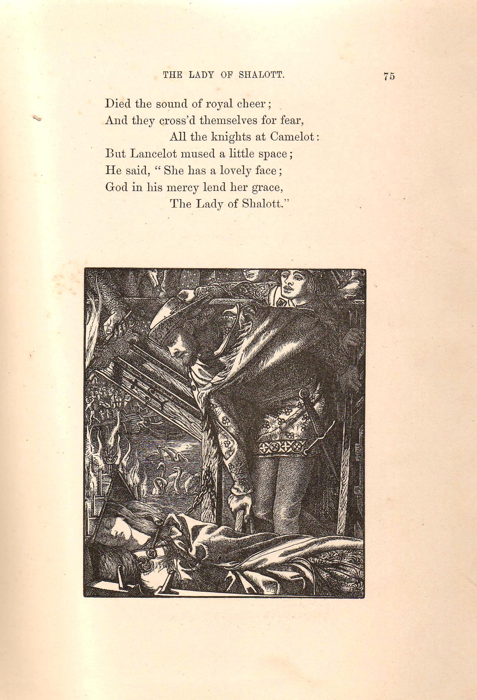 Lancelot gazing down upon the dead Lady of Shalott.