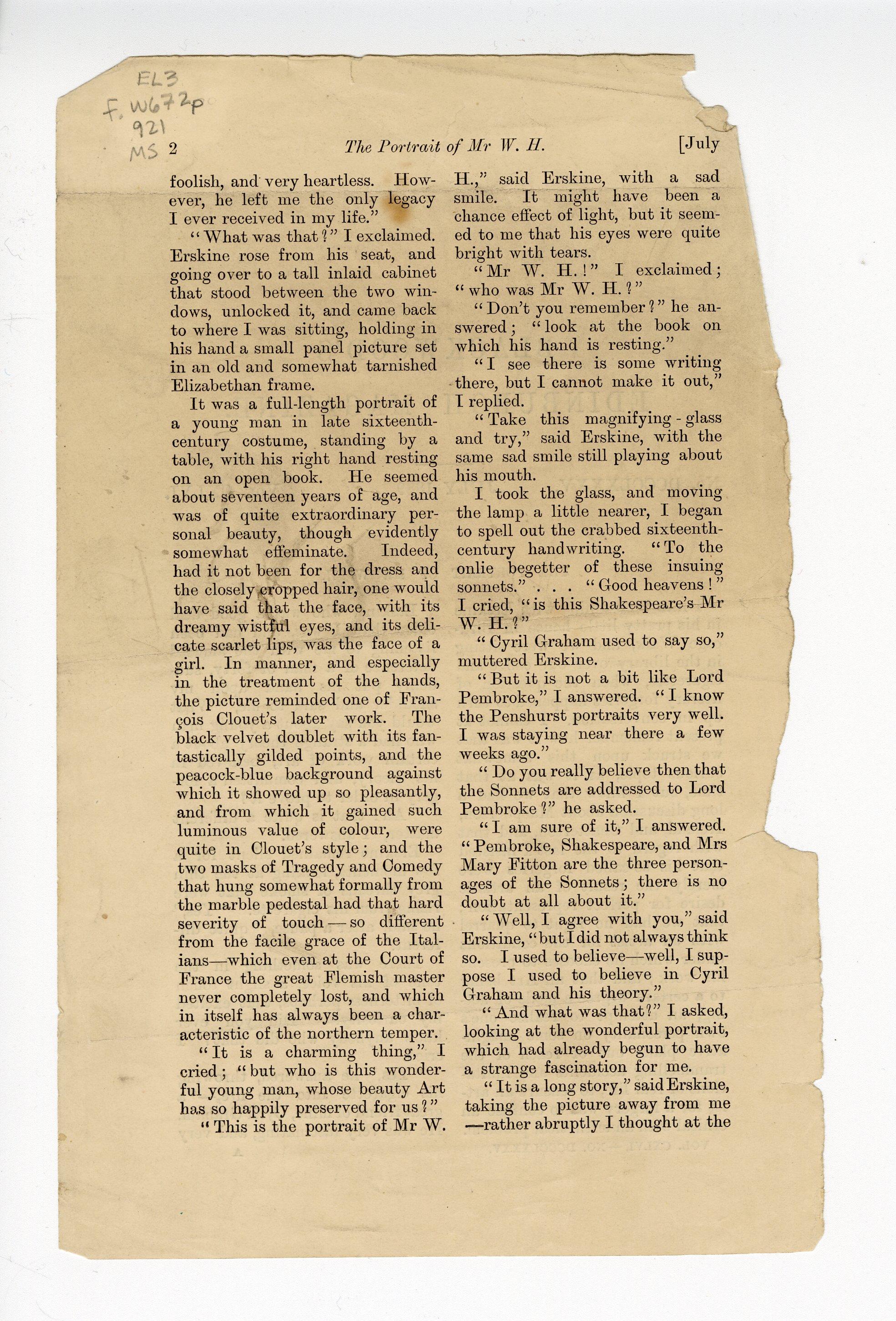 Back side of Folio 1, page 2 of Wilde's Blackwood's July 1889 publication. No markings other than a penciled call number in the top left hand corner.