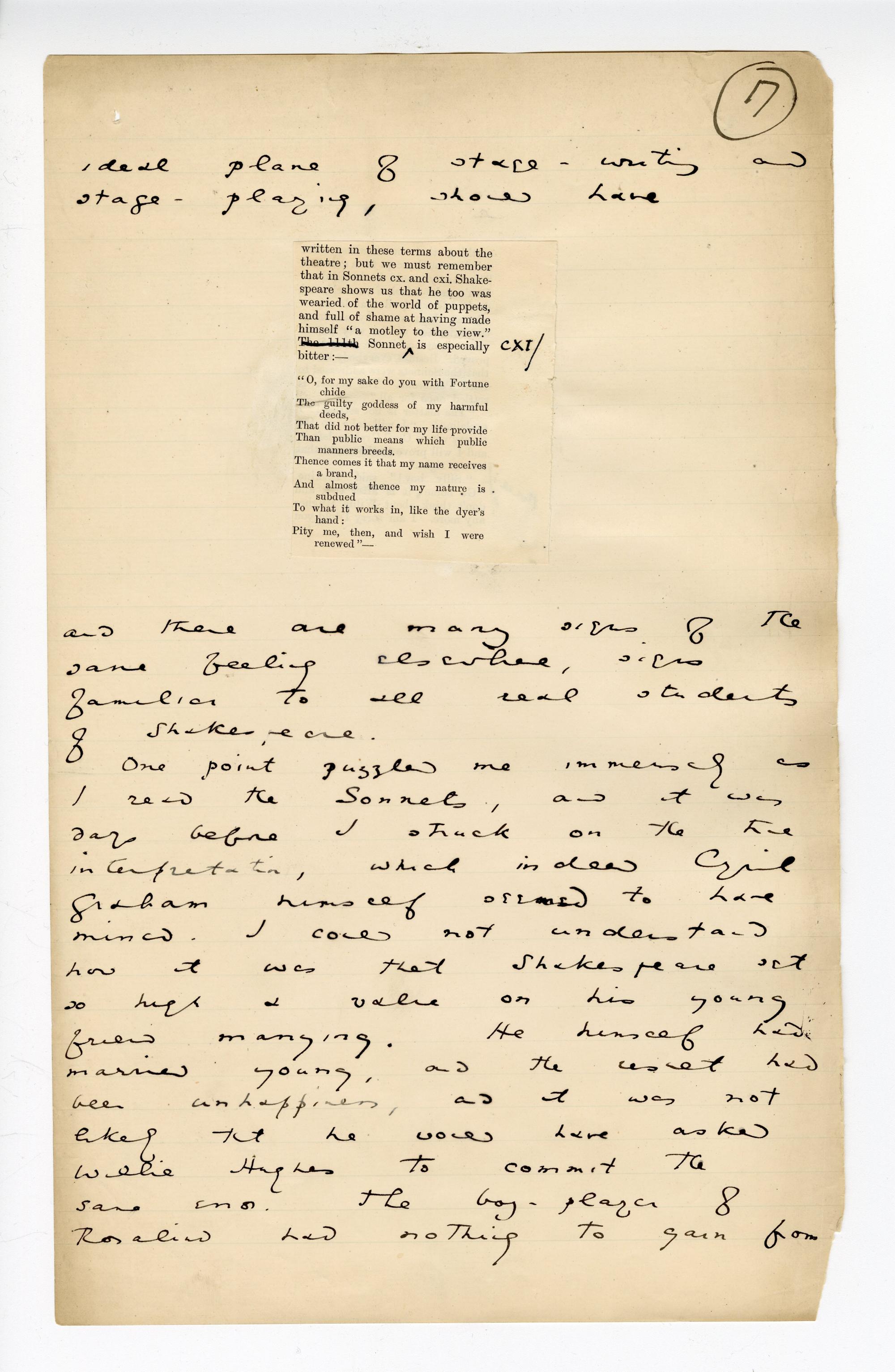 Folio 17 contains a brief continuation of the handwriting from folio 16 followed by a cutout from one column of the upper right portion of p. 12 of the Blackwood's 1889 printing glued down onto the notebook page. Wilde makes annotations on the Blackwood's cutout. Wilde's addition below the cutout is nearly the same text as that in the Blackwood's version.