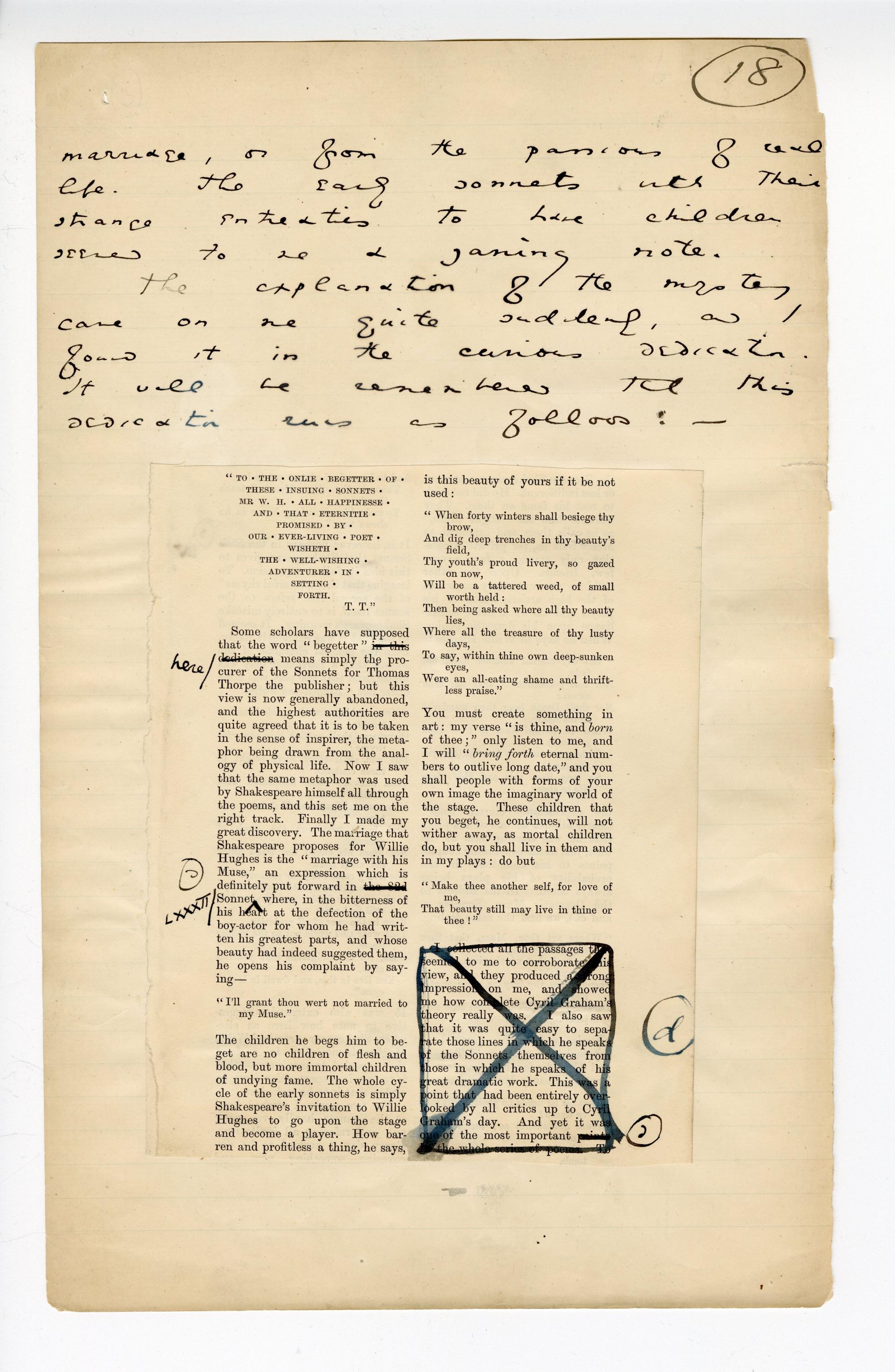 Folio 18 continues from folio 17 in Wilde's handwriting and then includes a full page of text from p. 13 of Blackwood's 1889 version glued into the notebook page with annotations within the page. This page is cropped on the top margin which removes the heading with year, title, and page number.  The bottom is also cropped to remove the bottom margin. 