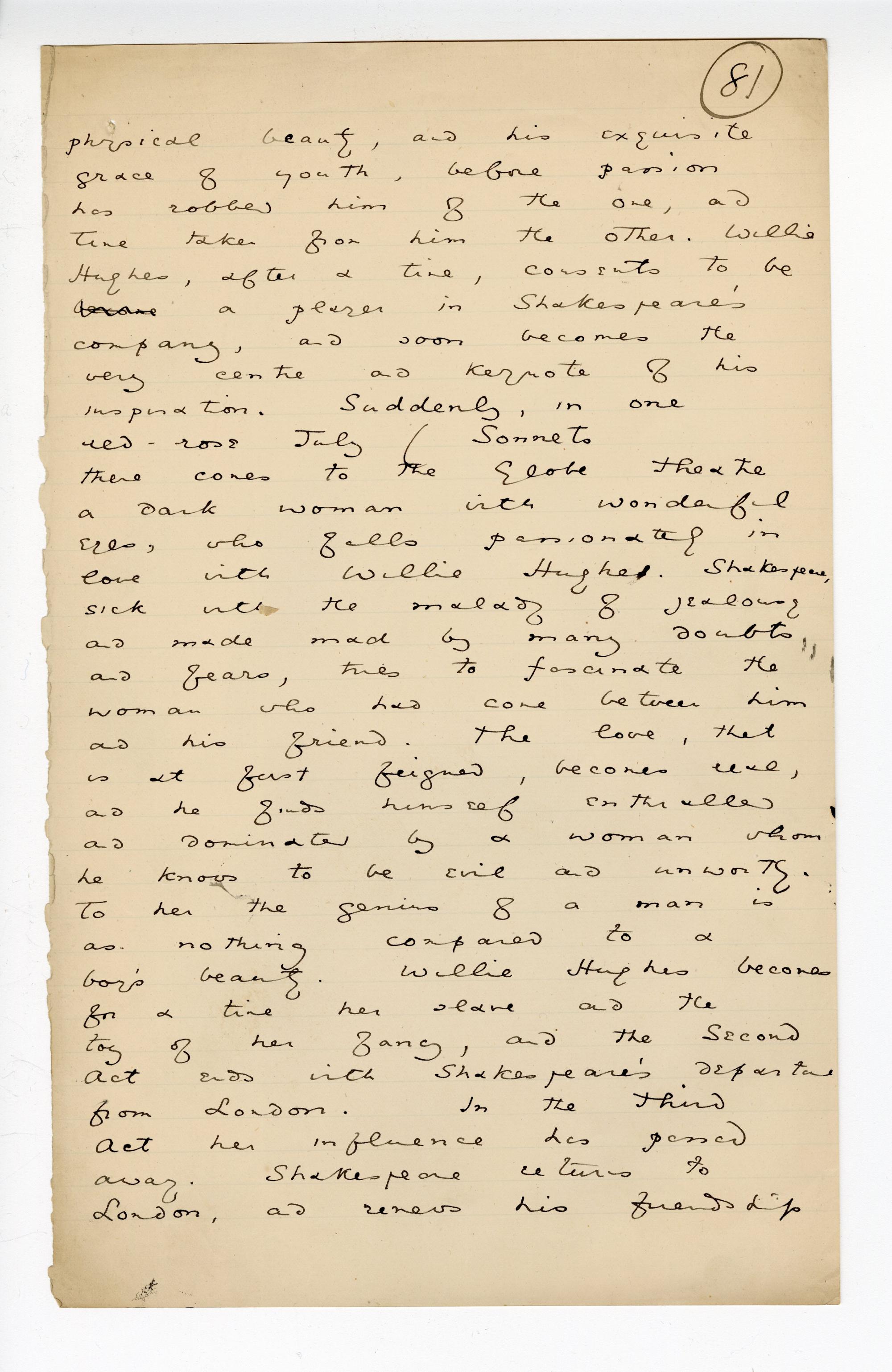 Folio 81 is a handwritten notebook page with no cutouts. Wilde leaves a blank after the word "Sonnets" on the tenth line, presumably to fill in later.  