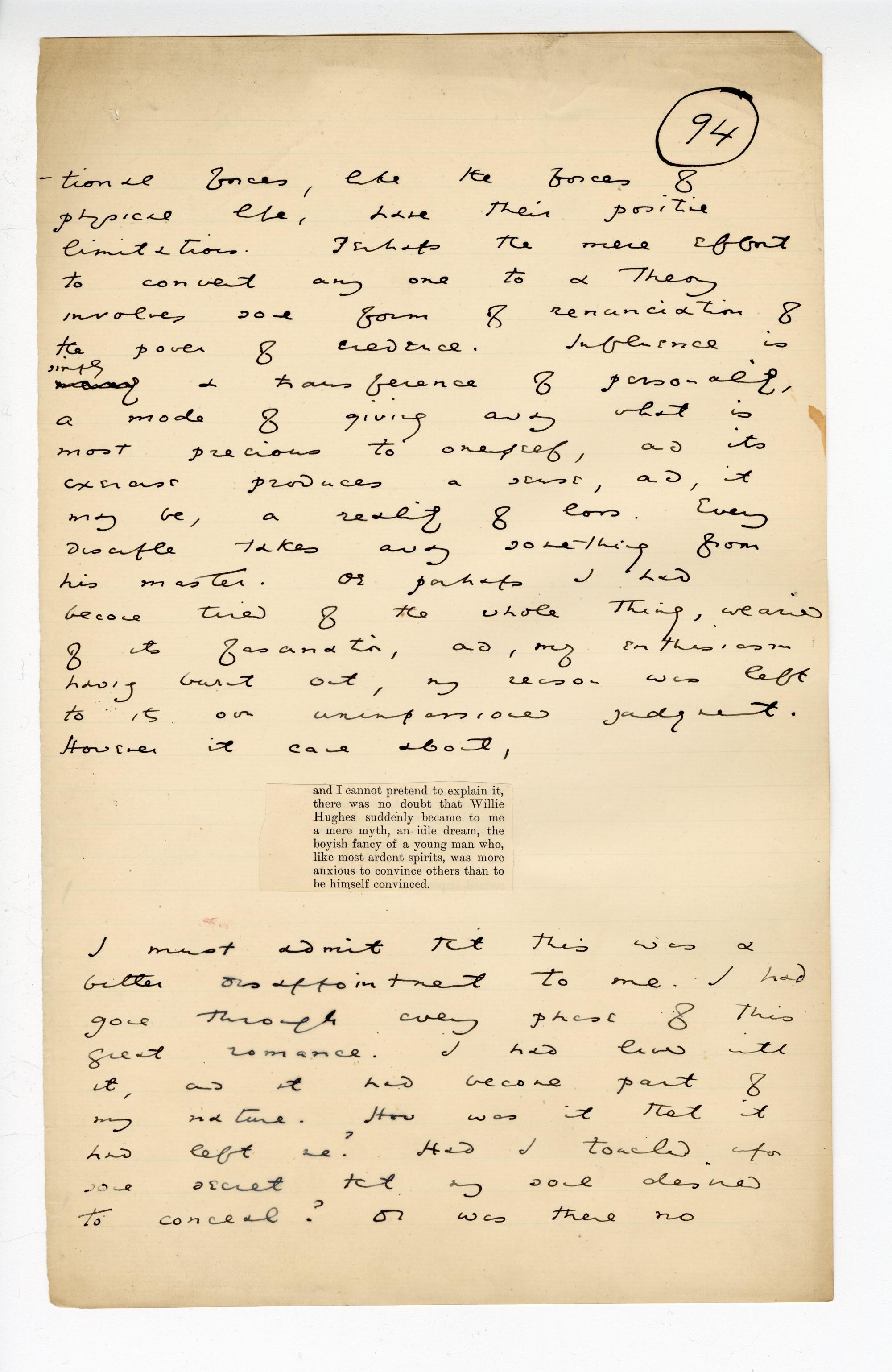 Folio 94 begins and ends with handwriting on the notebook page, and contains a small cutout from the lefthand column of p. 19 of the 1889 Blackwood's printing glued down into the notebook about mid-page without annotations.