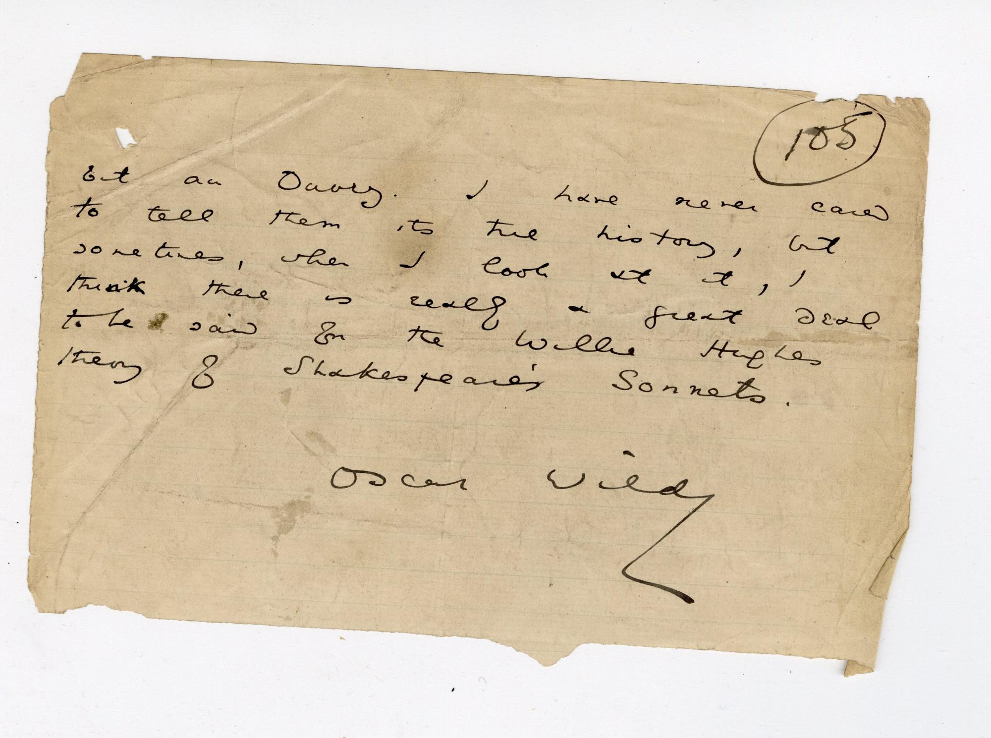 Folio 105 is a handwritten notebook page with no cutouts. The text ends with Wilde's signature and the notebook page is torn off mid-page.