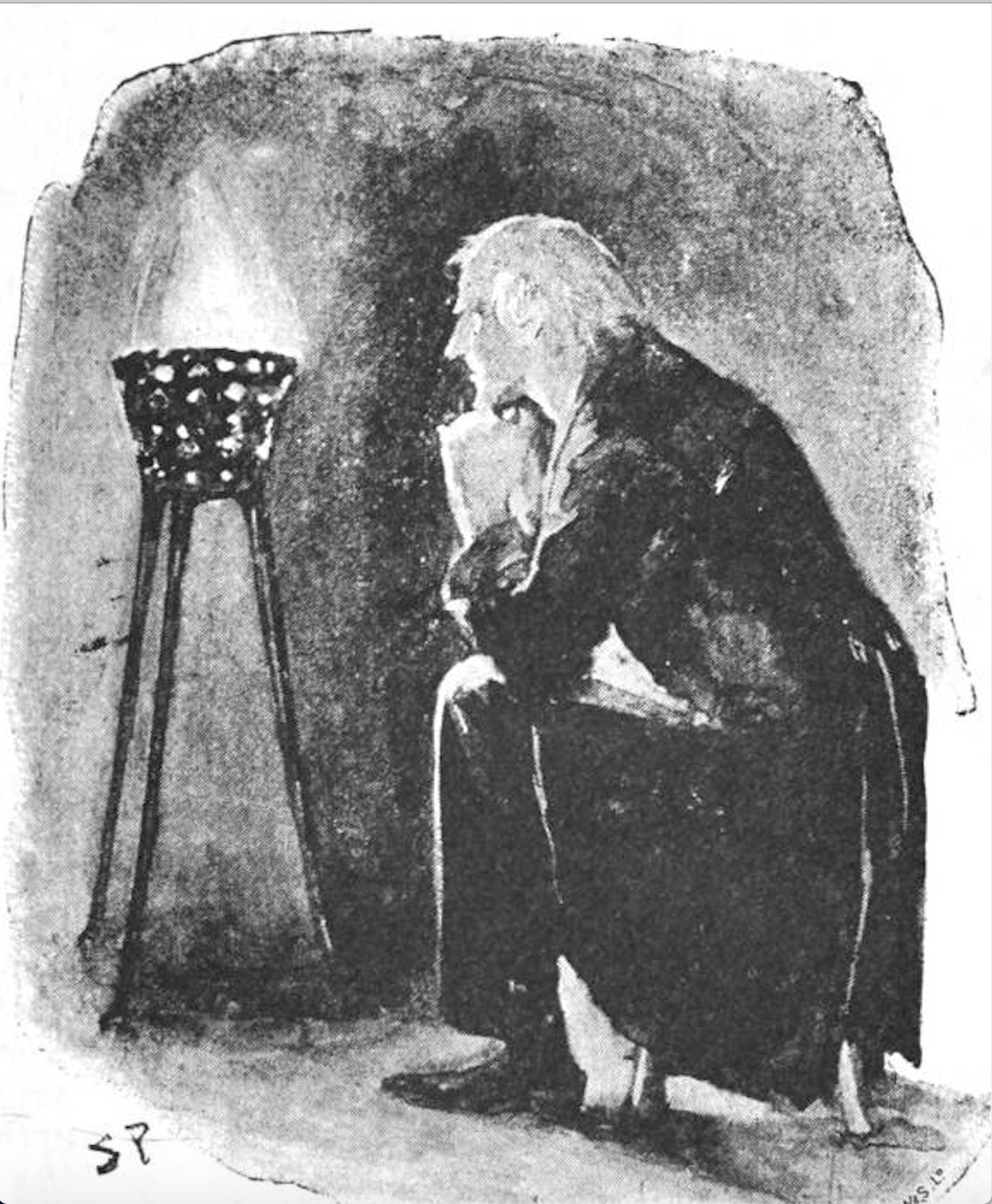 a man sits on a stool and stares into a fire