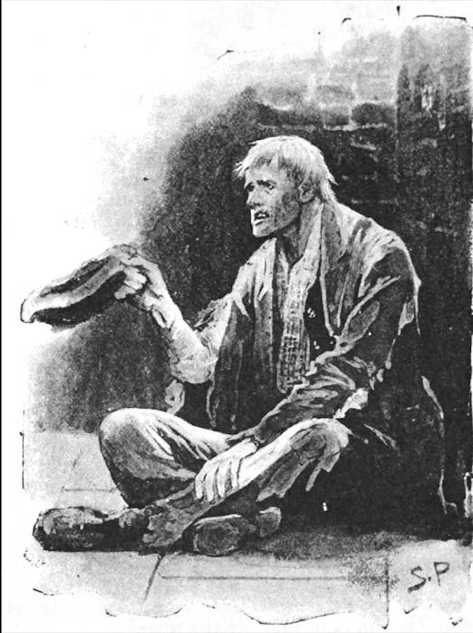 Black and white illustration of Hugh Boone sat on the pavement 