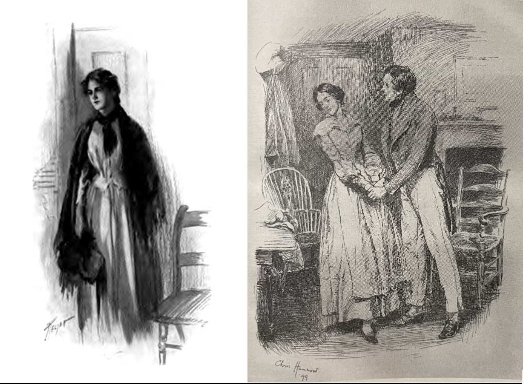 Left: Charles M. Relyea, Mary Barton Frontispiece, 1907, The Victorian Web. Right: Chris Hammond, 'You won't even say you'll try and like me; will you, Mary?,' 1899, Cranford and Mary Barton. 