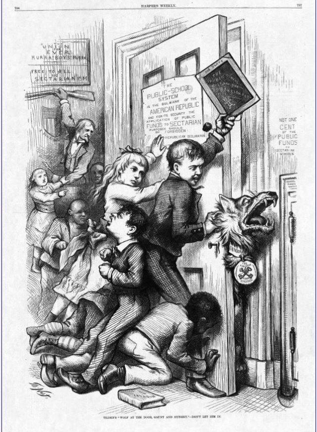 A political cartoon shows schoolchildren struggling to keep a wolf from entering their schoolroom.