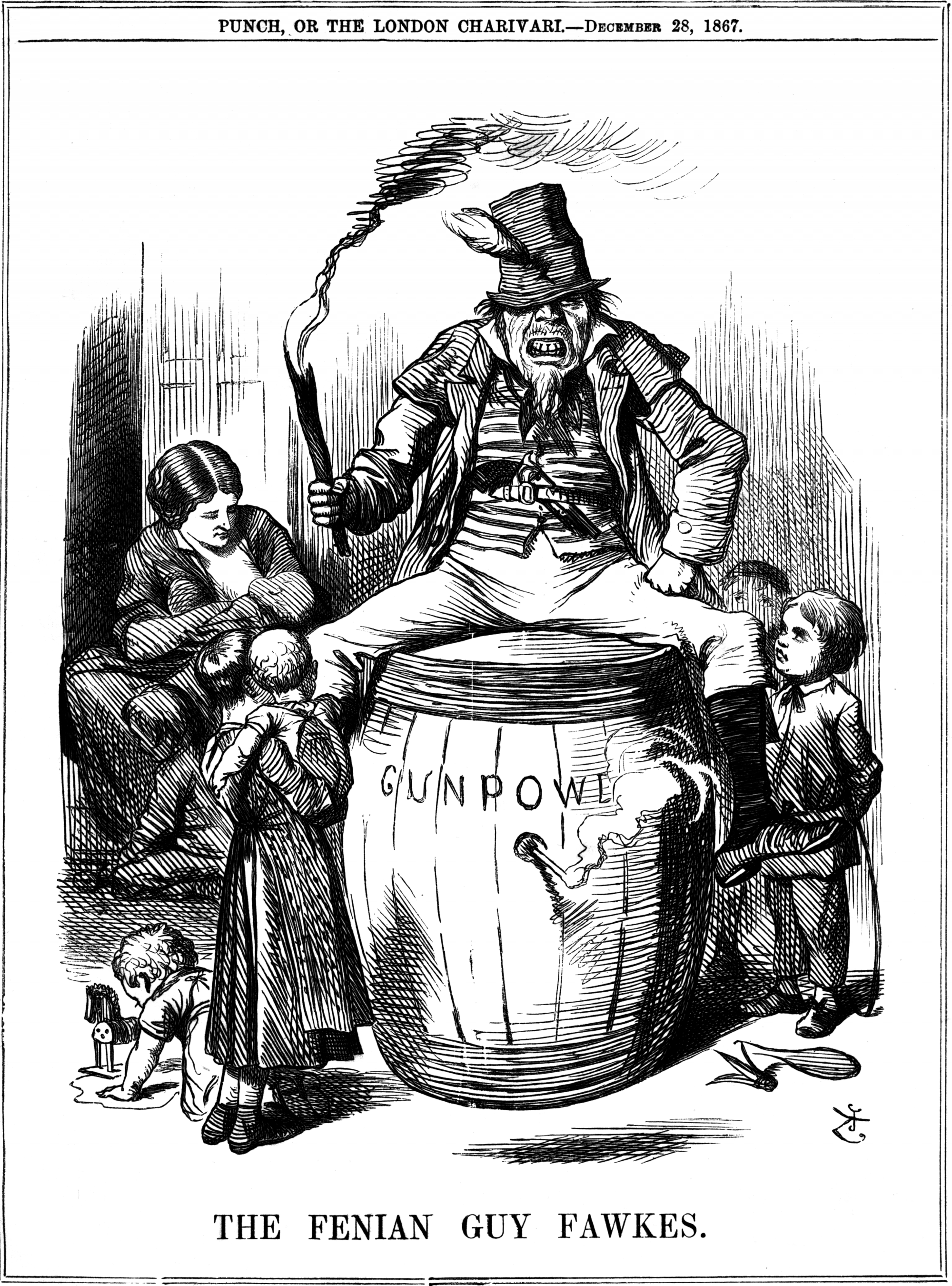 Irish figure portrayed drunk and slovenly sitting atop a powder keg